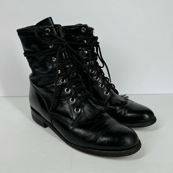 Vintage Justin Kiltie Roper Boots Black Leather Cowboy Western Whimsygoth Size 6 - Picture 1 of 13